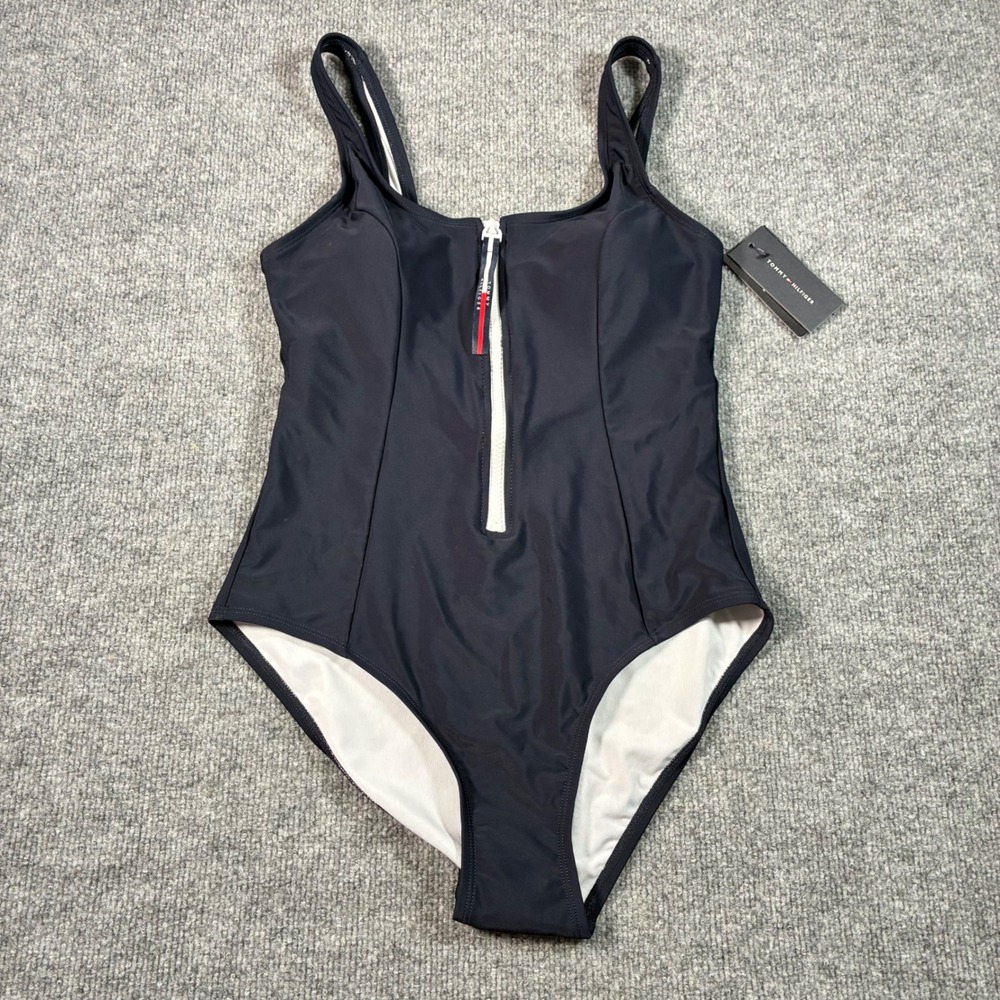 Tommy Hilfiger Swimsuit Womens M Navy Blue One Piece Front Zip NEW TZ5MS739
